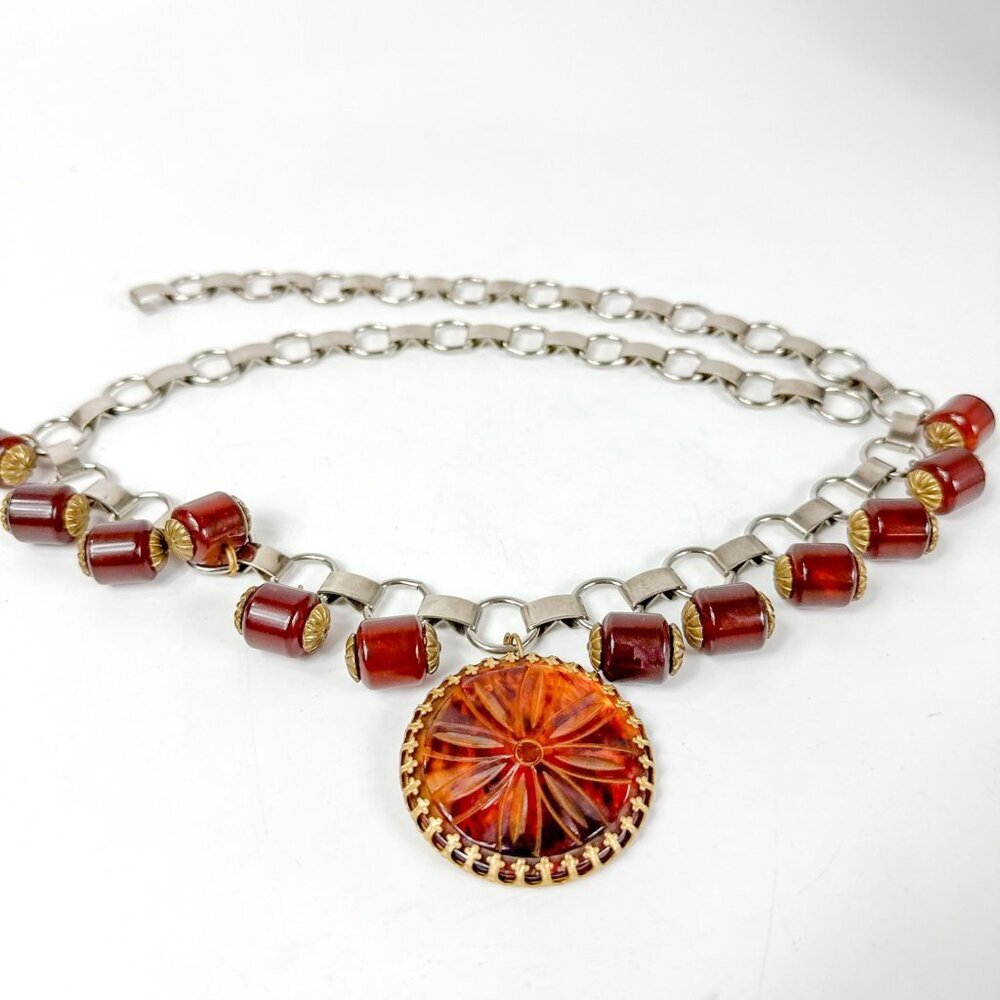 Turtle Shell Bakelite Beaded Silver Tone Chain Belt 33"